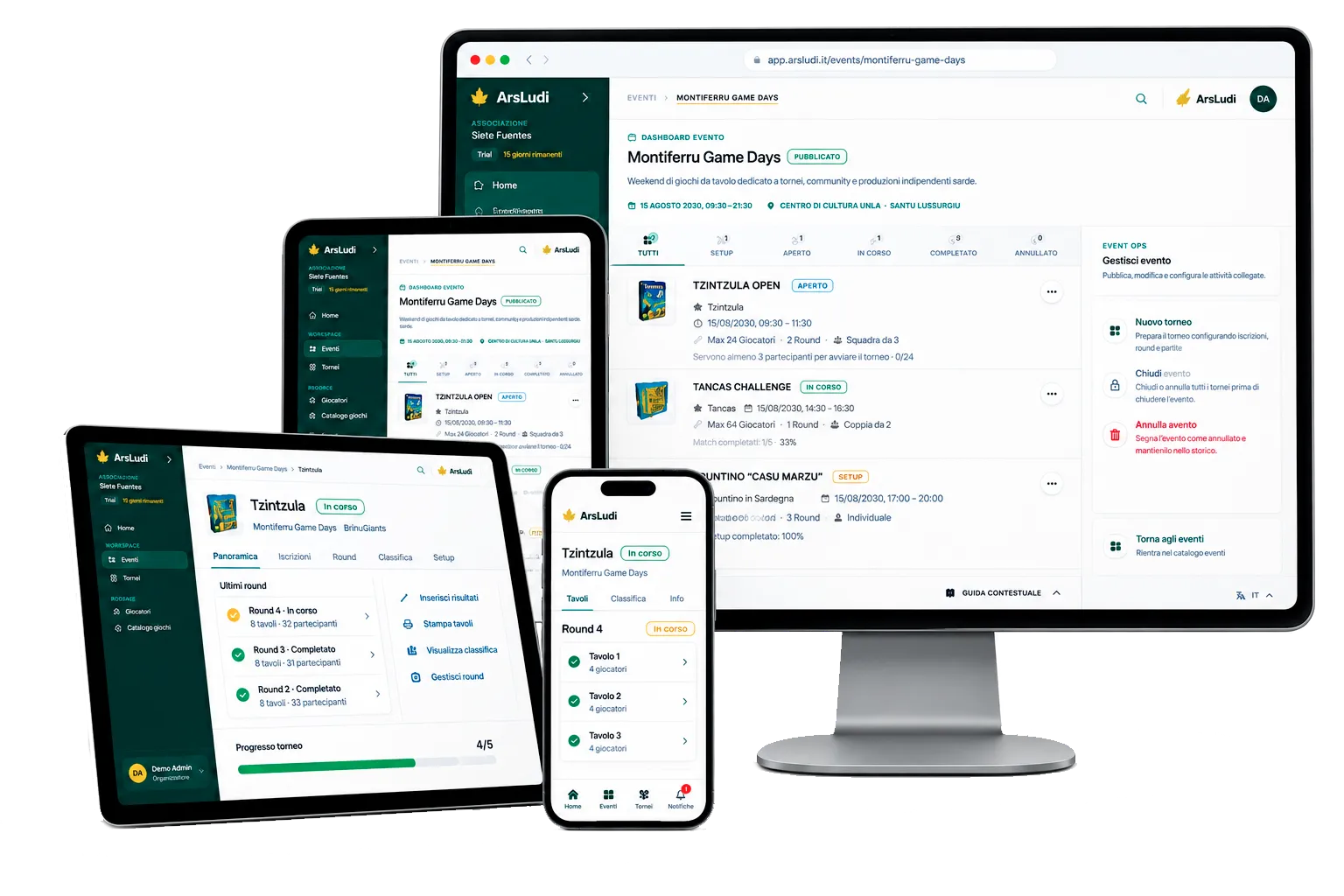 ArsLudi utilizzato su desktop, tablet, Surface e smartphone durante la gestione di un torneo