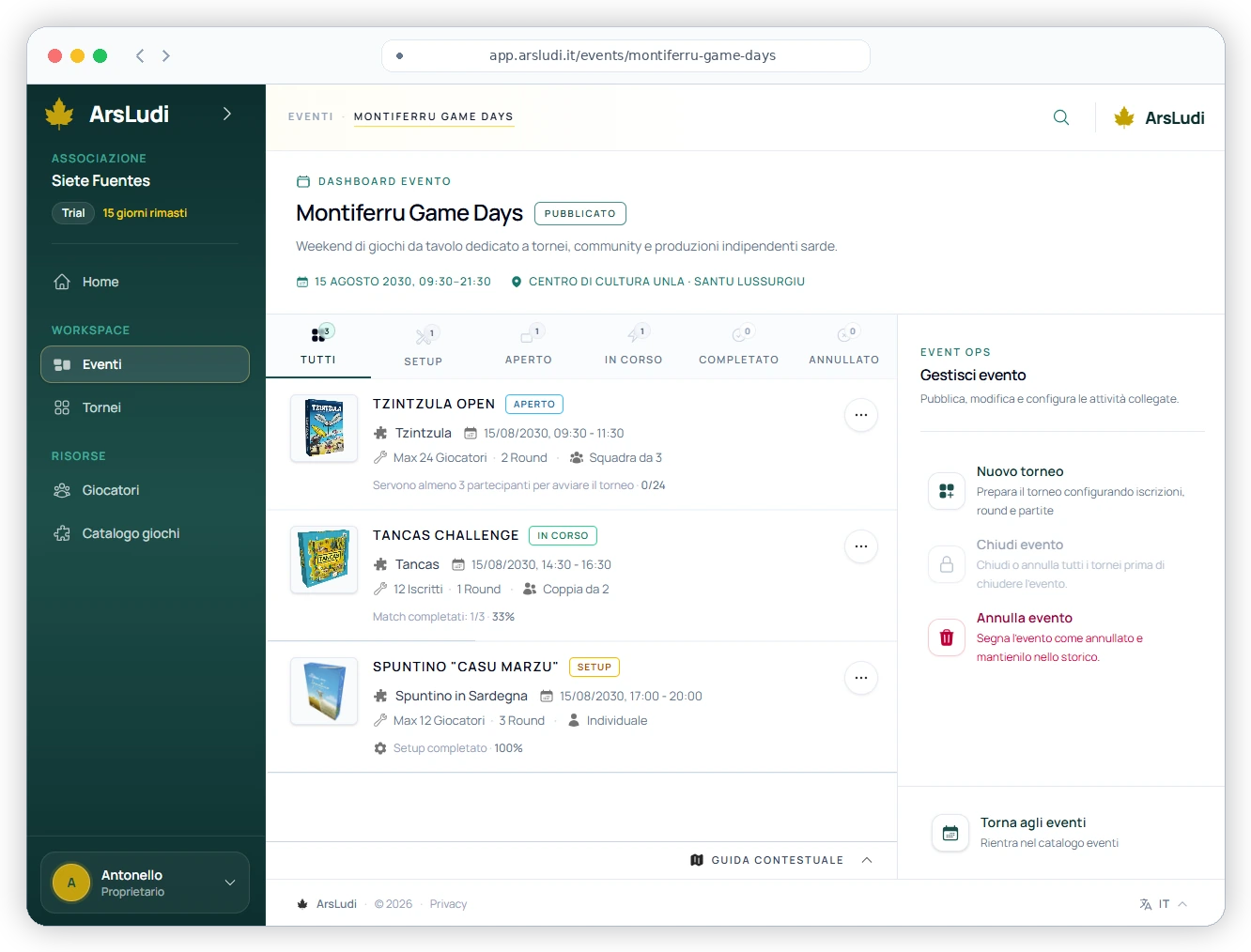 Dashboard evento Montiferru Game Days in ArsLudi con tornei in setup, aperti e in corso